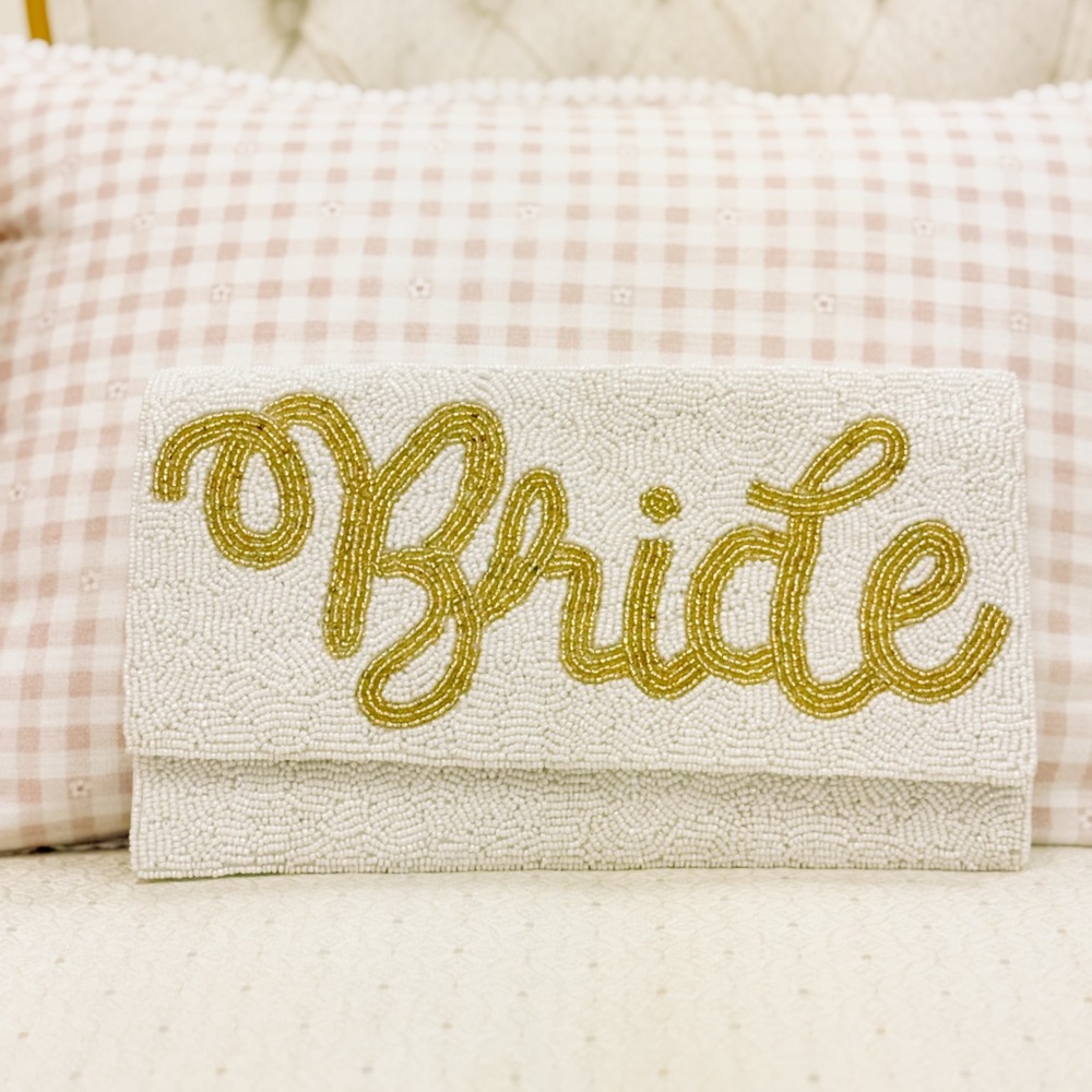 White and Gold Beaded Bride Clutch